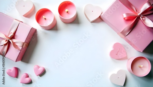 Valentine’s Celebration Flat Lay with Pink Candles and Heart Ornaments