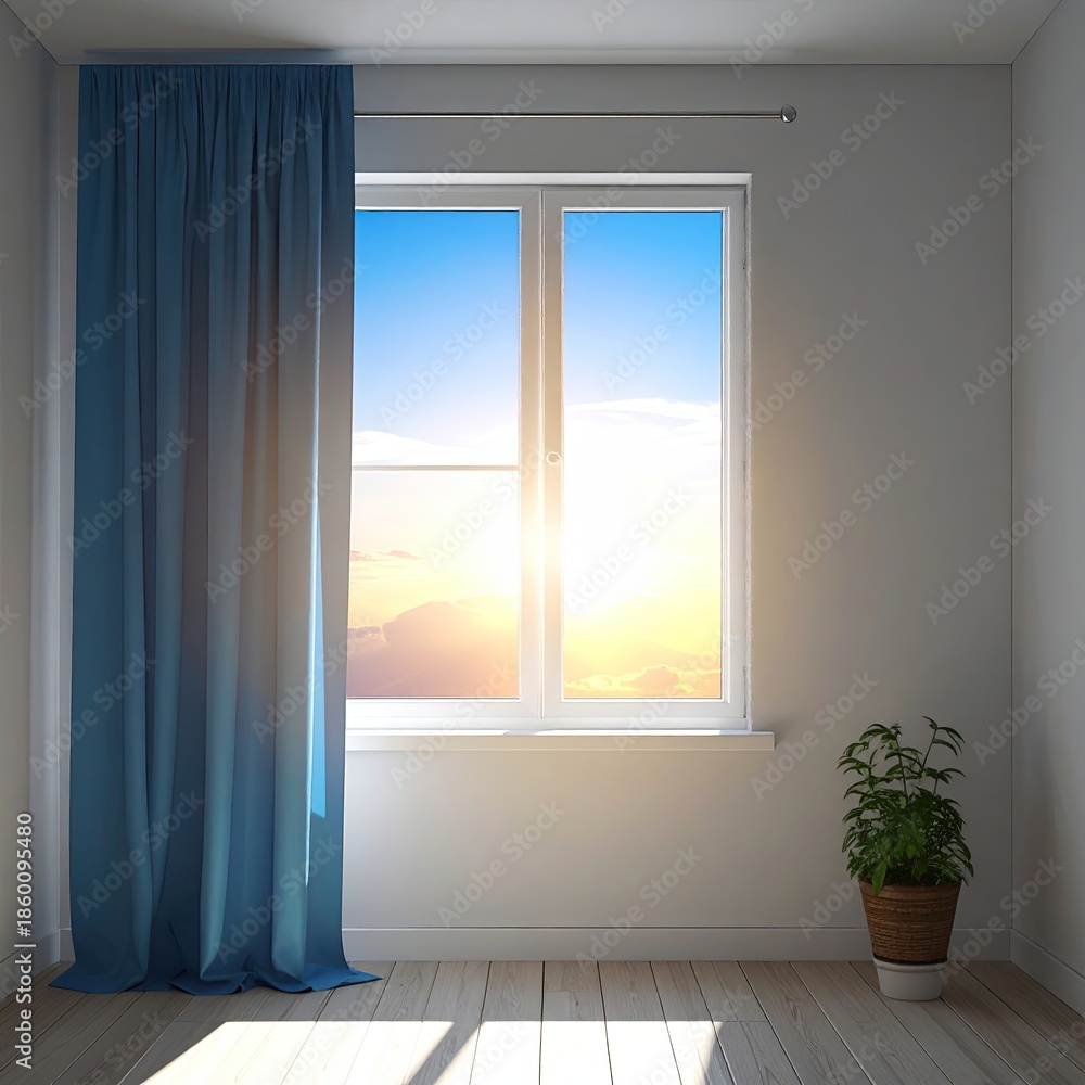 Fototapeta premium Bright interior with window, blue curtain, and plant. Sky outside