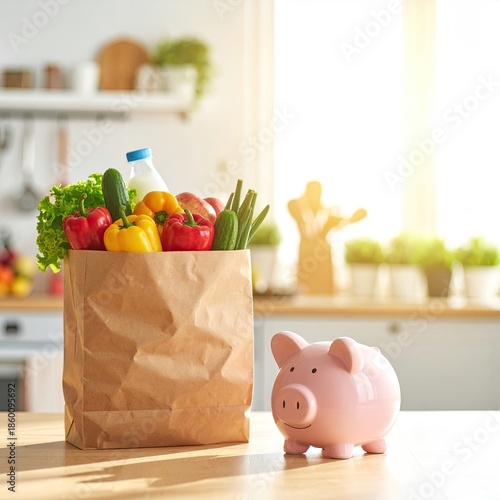Brown bag filled with groceries next to a pink piggy bank on a kitchen counter