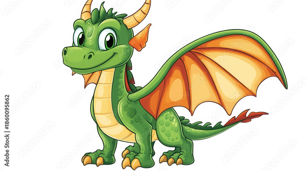 Fototapeta premium A cheerful green cartoon dragon with big expressive eyes and striking orange wings, standing confidently with a gentle smile on its face.