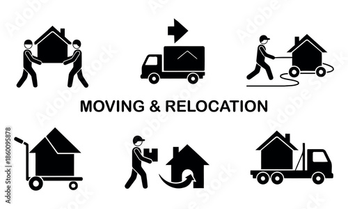 Flat vector icons depicting moving and relocation services on a white background