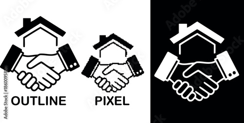 A symbolic handshake with a house roof representing a property deal outline pixel