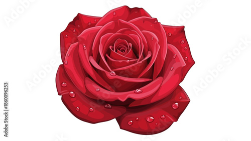Vibrant red rose with dew drops on petals, symbolizing love and romance