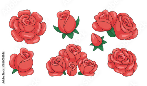 Beautiful red rose flowers and buds collection isolated on white background romantic botanical vector