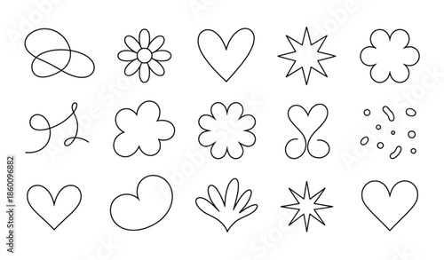 Cute abstract doodle elements collection with hearts stars and floral shapes isolated on white background vector