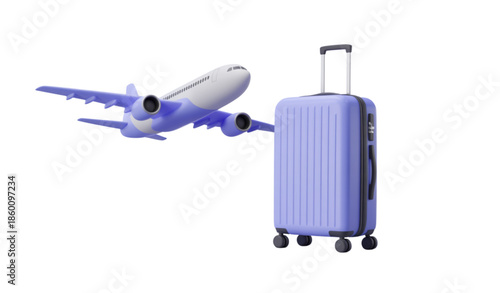 Airplane flying with travel suitcase isolated on white background tourism vacation journey vector illustration