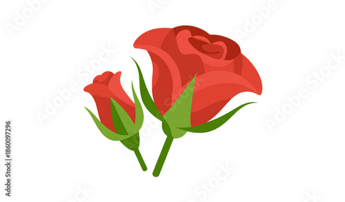Flat red rose flower vector icon set isolated on white background