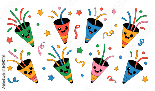 Cute colorful party popper cones with smiling faces and confetti isolated on white background fun vector illustration