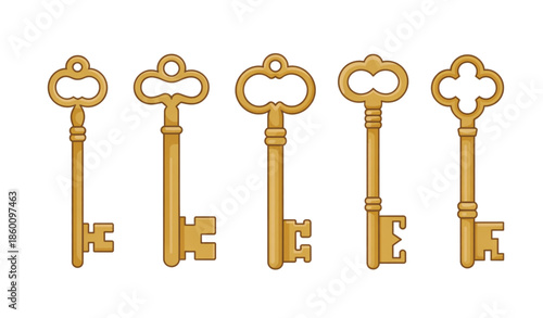 Set of vintage golden keys with decorative heads isolated on white background classic antique vector illustration