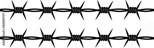 Barbed wire silhouette border, security fence illustration, danger warning symbol, industrial protection concept isolated on white background design