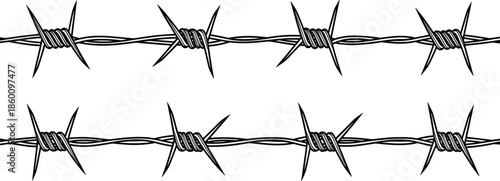 barbed wire border collection, sharp metal fence silhouettes, security danger element, industrial protection design, grunge divider illustration