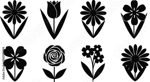 black flower icons set, floral silhouette collection, botanical symbols, minimalist garden elements, nature logo shapes, decorative bloom illustrations