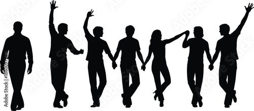 Group of people silhouette dancing, friends holding hands celebrating, joyful teamwork concept, black cutout figures isolated on white background