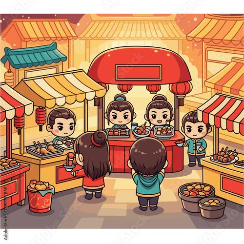 Lunar new year of adorable chibi characters enjoying a festive street market with various food stalls and traditional red lanterns.