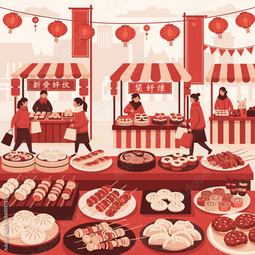 Lunar new year of a bountiful display of traditional Chinese festive foods arranged on a long table in front of a bustling street market.