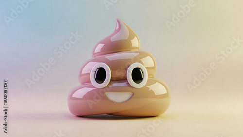 3D Rendering of a Cute Glossy Smiling Poop Emoji Character with Pastel Lighting
