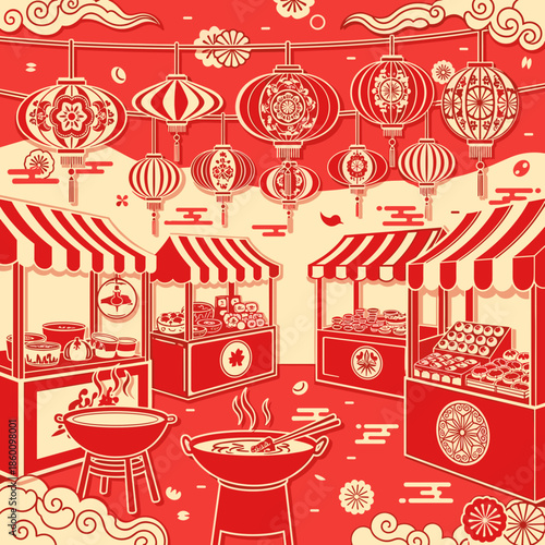 Lunar new year of a vibrant red monochrome street market with traditional cooking stations and festive lanterns.