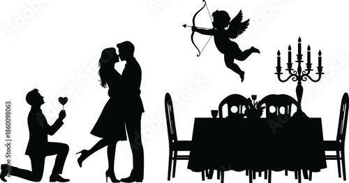 Romantic couple silhouette proposal and kiss, cupid love arrow, candle dinner scene, valentine relationship concept isolated on white background