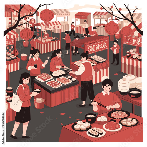 Lunar new year of vibrant street food market with people dining and celebrating under festive lanterns in a traditional setting.