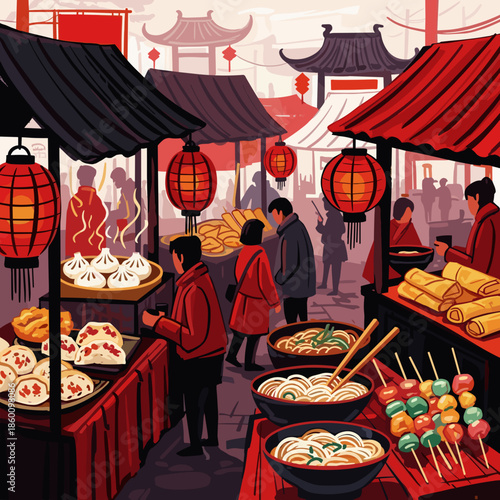 Lunar new year of bustling traditional street food market with vendors and customers, showcasing various Asian delicacies under glowing red lanterns.