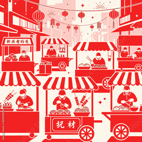 Lunar new year of a monochrome street market in red and white, featuring busy food carts and vendors selling festive Chinese delicacies.