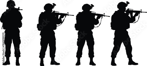 soldier silhouette set aiming rifles, military tactical poses, special forces illustration, combat security concept, armed service design