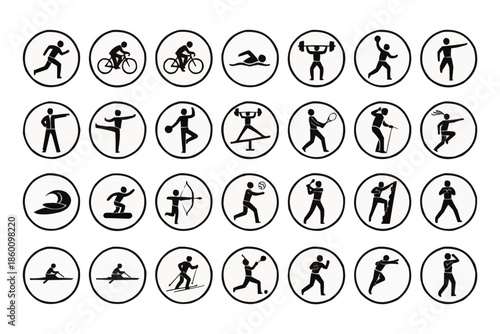 Collection Of Black Silhouette Sport Icons In Circles For Fitness, Sports And Activity
A set of circular black silhouettes depicting diverse sports and physical activities, including running, cycling
