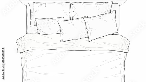 Hand drawn sketch of a neatly made bed with pillows and duvet.