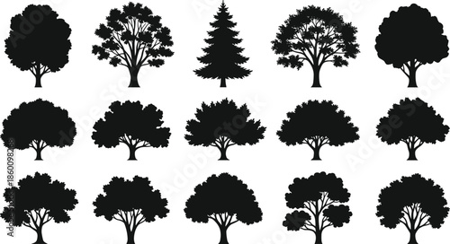 tree silhouettes collection set, forest nature icons, botanical black shapes, landscape design elements, decorative woodland illustration pack