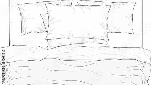 Hand drawn sketch of a neatly made bed with pillows and duvet.