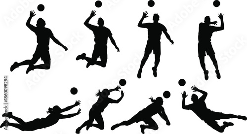 volleyball player silhouette set, jumping spike block poses, beach sport action, athletic competition illustration, dynamic game moment design