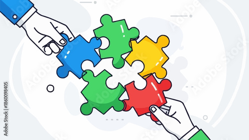 Hands connecting colorful puzzle pieces together symbolizing teamwork and collaboration.