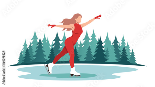 Elegant Winter Vector Illustration of a Woman Ice Skating Gracefully on a Frozen Pond Surrounded by Pine Trees