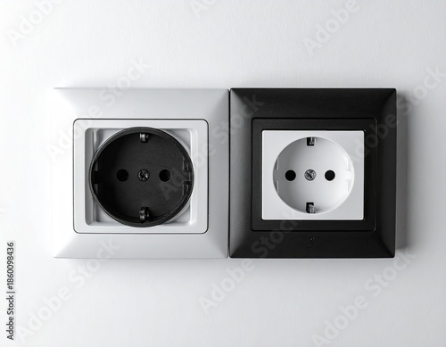 Two electrical sockets, one white and one black, against a plain white backdrop
