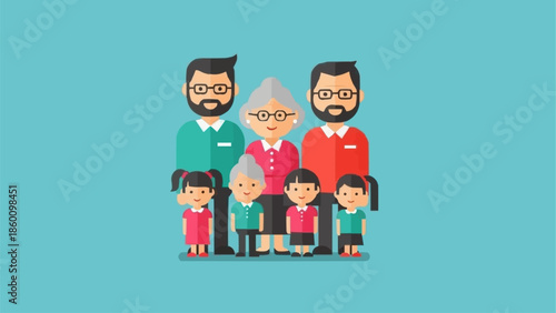 Happy Cartoon Family Portrait with Grandparents and Children.