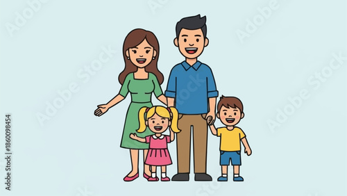 Happy Cartoon Family Standing Together Smiling.