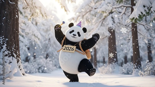 Cute cartoon vector illustration of a baby panda bear playing in the winter snow as an isolated white and black animal character