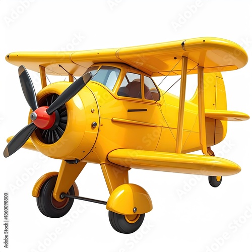 Bright yellow vintage biplane, isolated on white background