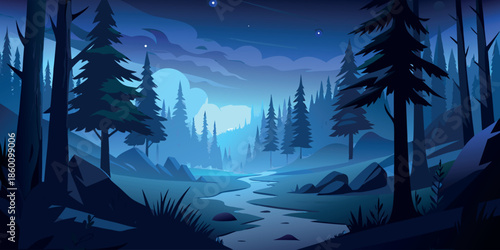 Atmospheric Night Forest Landscape with Winding River and Pine Trees