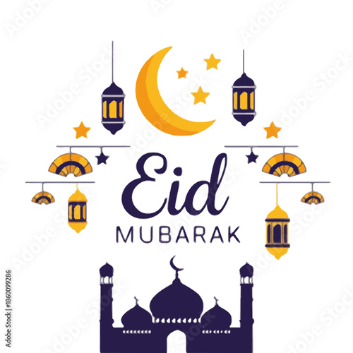 Celebrating Eid Mubarak with lanterns and mosque silhouettes at dusk from a frontal viewpoint