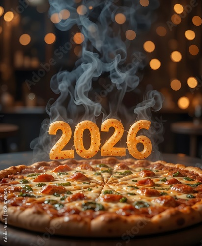 Hot and fresh pizza welcoming the year 2026 with steaming deliciousness and festive lights. new years pizza 2026