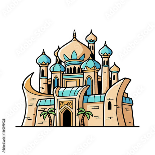 persian palace in the desert, on a white background