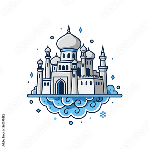 illustration of a Persian genie palace above the clouds, with a white background