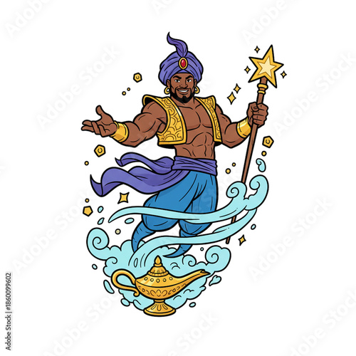 illustration of a Persian genie character coming out of a teapot. with a white background