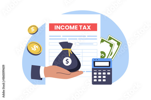 Illustration of Hand Holding Money Bag for Income Tax and Calculator. A hand presenting a money bag in front of an income tax document with gold coins and a calculator