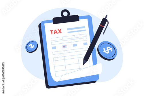 Illustration of Business Tax Form Document on Clipboard with Pen and Coins. A professional illustration of a tax form document on a blue clipboard with a pen and gold coins