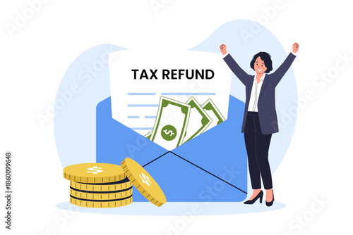 Illustration of Happy Businesswoman Celebrating Receiving Tax Refund Money Envelope. A joyful businesswoman raising her arms in celebration as she receives an envelope full of cash and gold coins