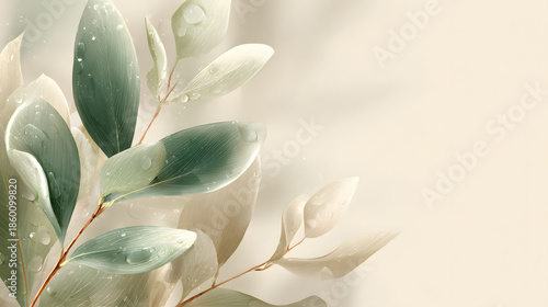 Natural skincare banner background in soft beige and sage green tones with copy space for text. Beauty banner background illustration.