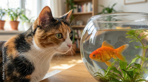 Curious Calico Cat Closely Observing an Orange Goldfish Swimming in a Round Glass Bowl in a Bright Living Room