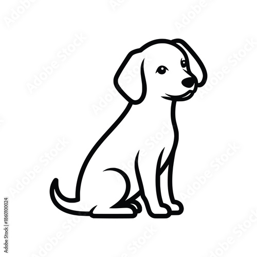 Adorable black and white line art illustration of a cute puppy sitting patiently, perfect for pet-related designs